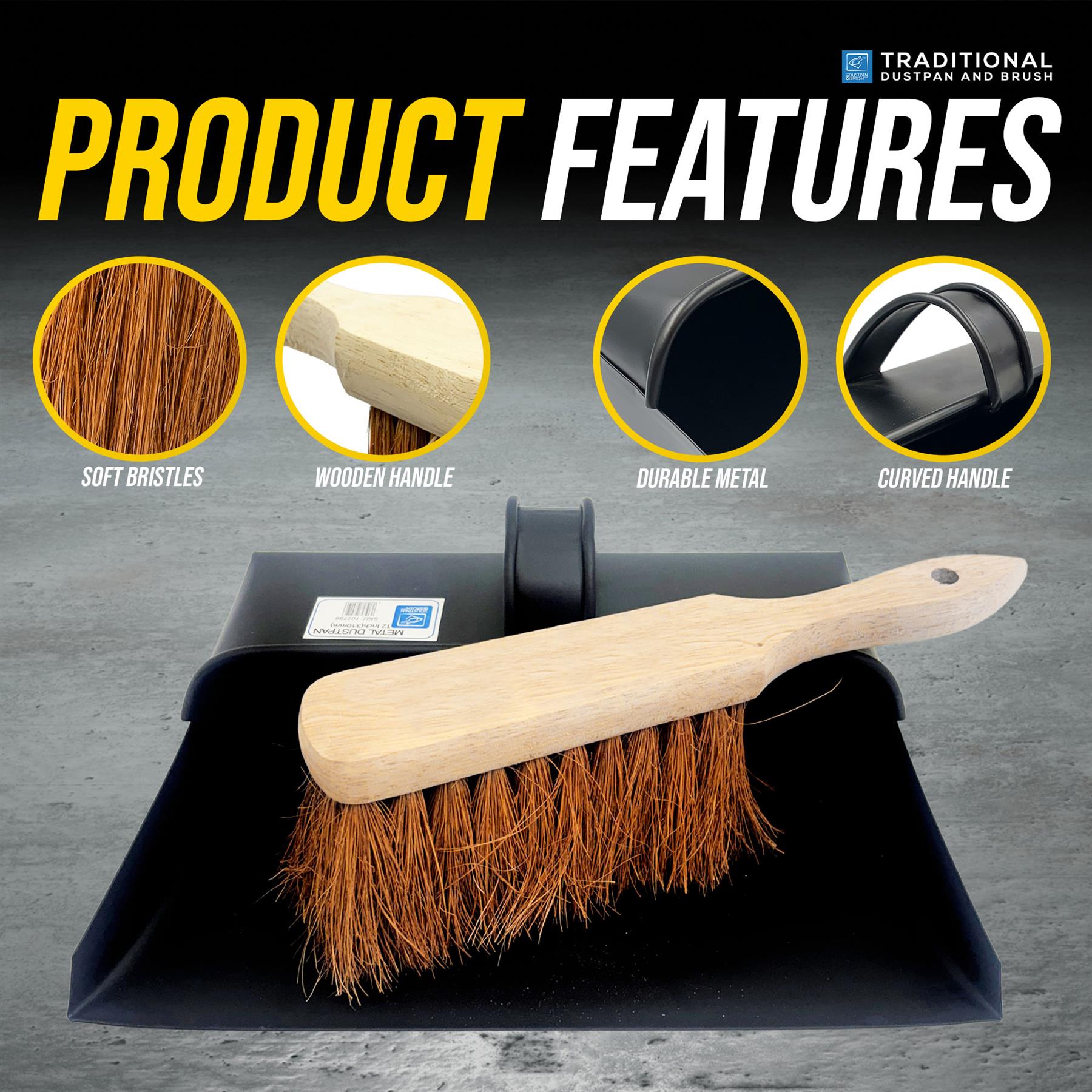 Metal hooded Dustpan and brush set with features highlighted on a grey background