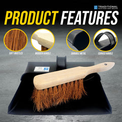 Metal hooded Dustpan and brush set with features highlighted on a grey background