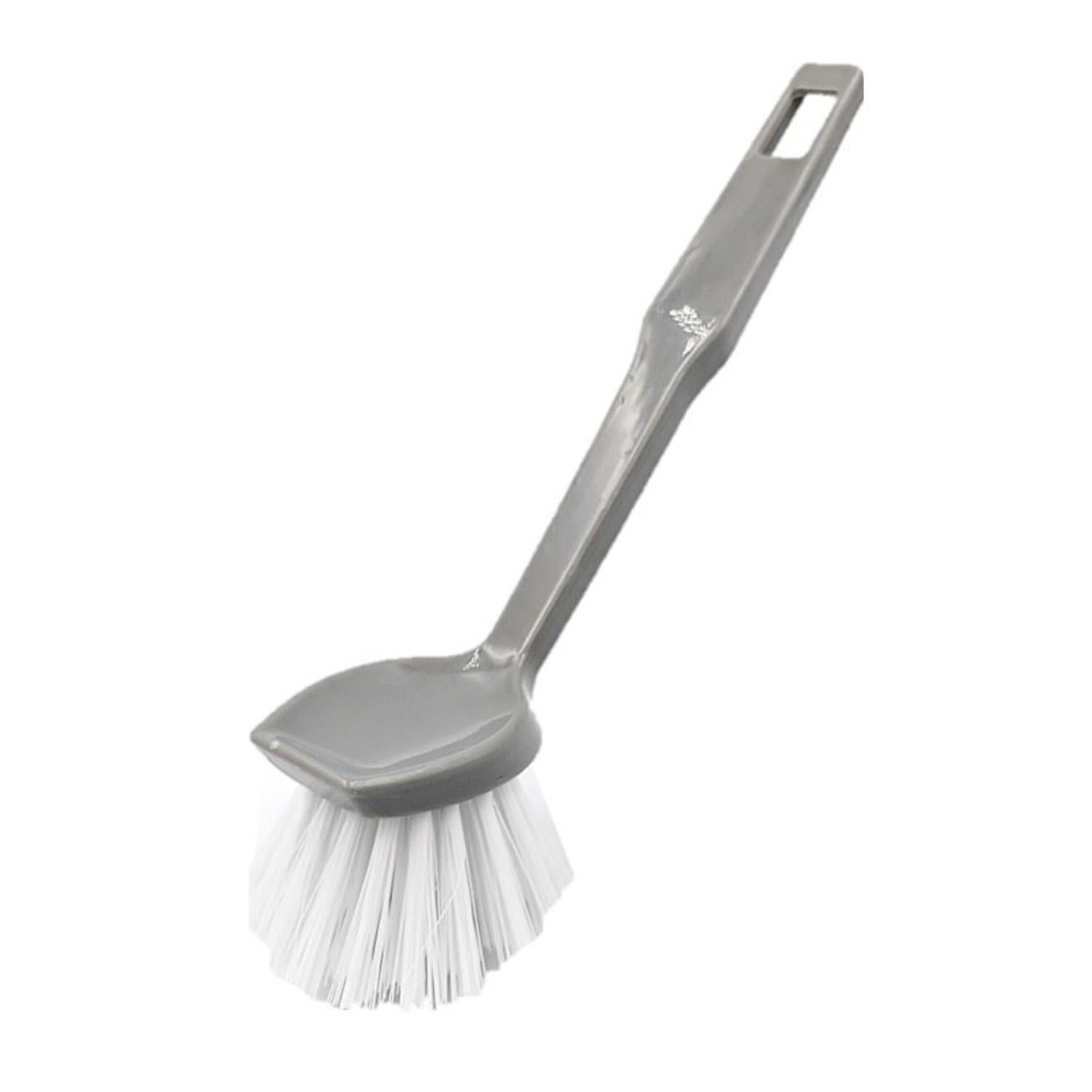 A grey plastic cleaning brush with white bristles, shown diagonally on a plain white background.