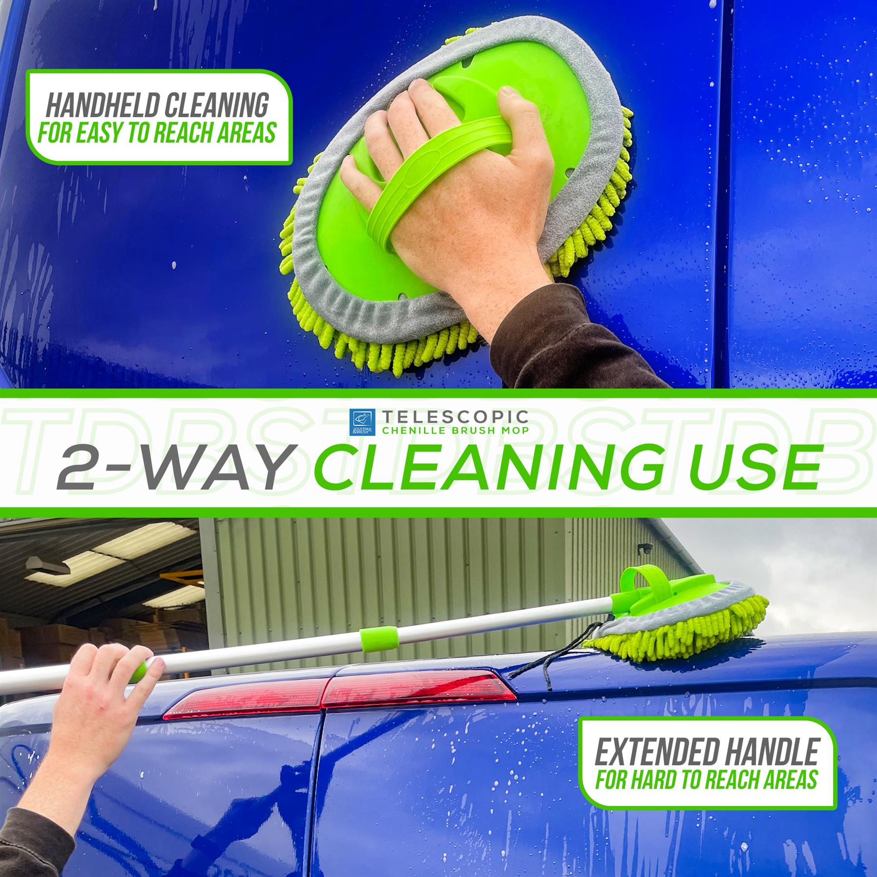 Telescopic car cleaning brush with green bristles being used on a blue car, with text indicating handheld and telescopic use.