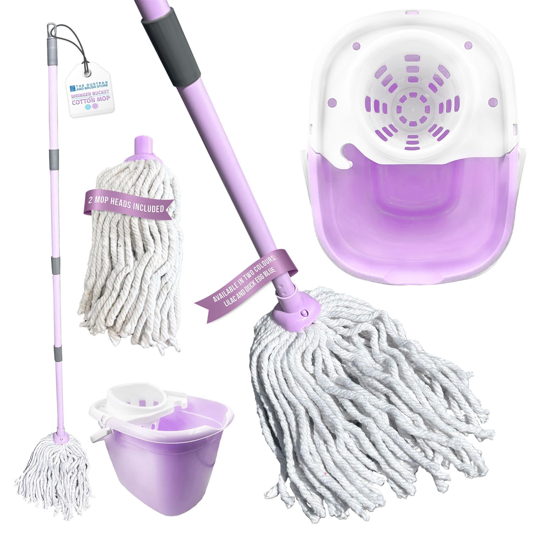 Lilac cotton mop and bucket set shown on a white background, including the mop with handle, bucket, wrapped mop head, and close-up of the bucket attachment.