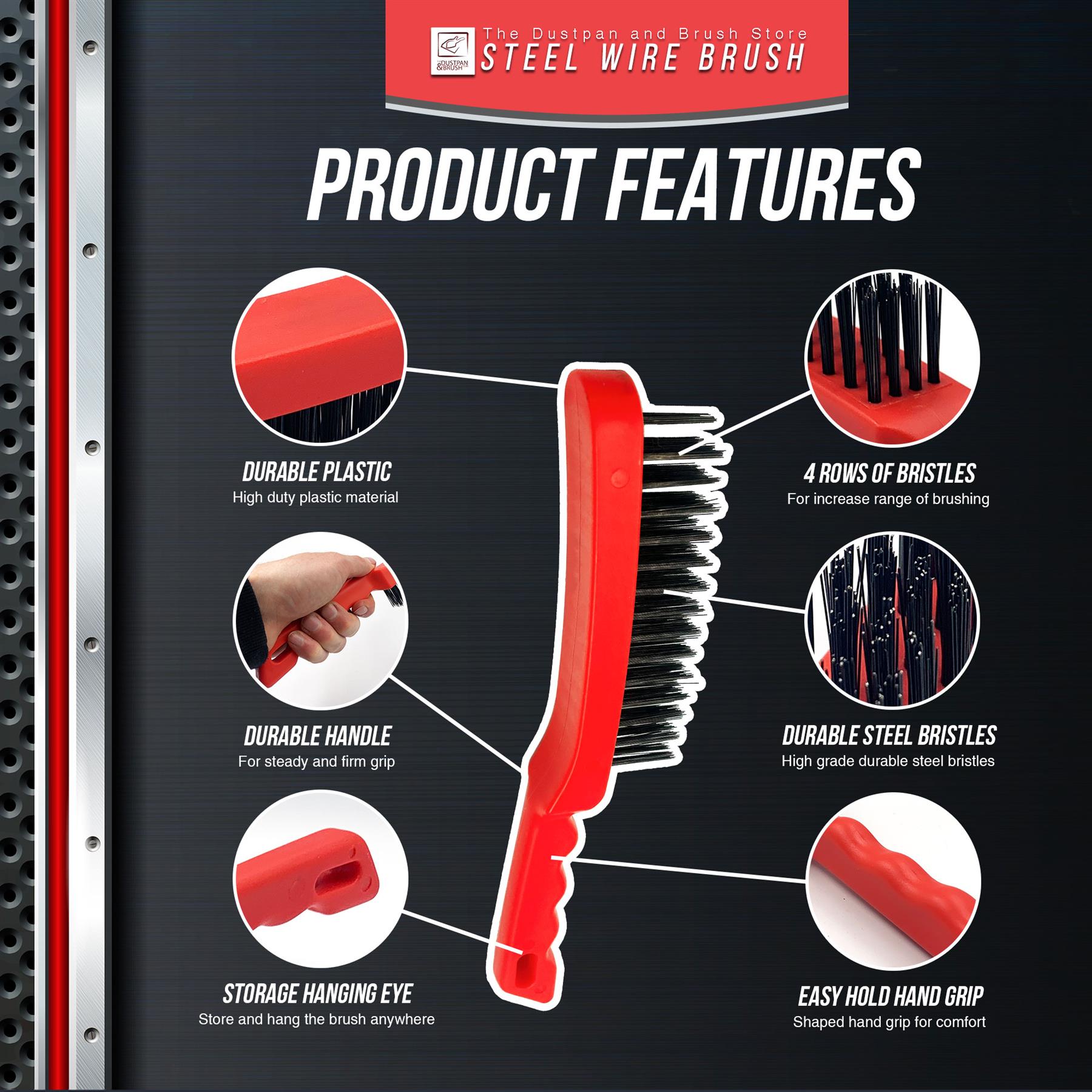 Heavy Duty Wire Brush with Plastic Handle | 4 Row Metal Bristle Brush - The Dustpan and Brush Store