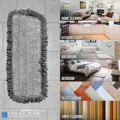 A grey microfiber spray mop refill pad with a textured centre and fringed edges, shown on a tiled floor next to a collage of indoor cleaning scenes including home cleaning, kitchen floor, bathroom, bedroom, tiles flooring, and vinyl flooring.