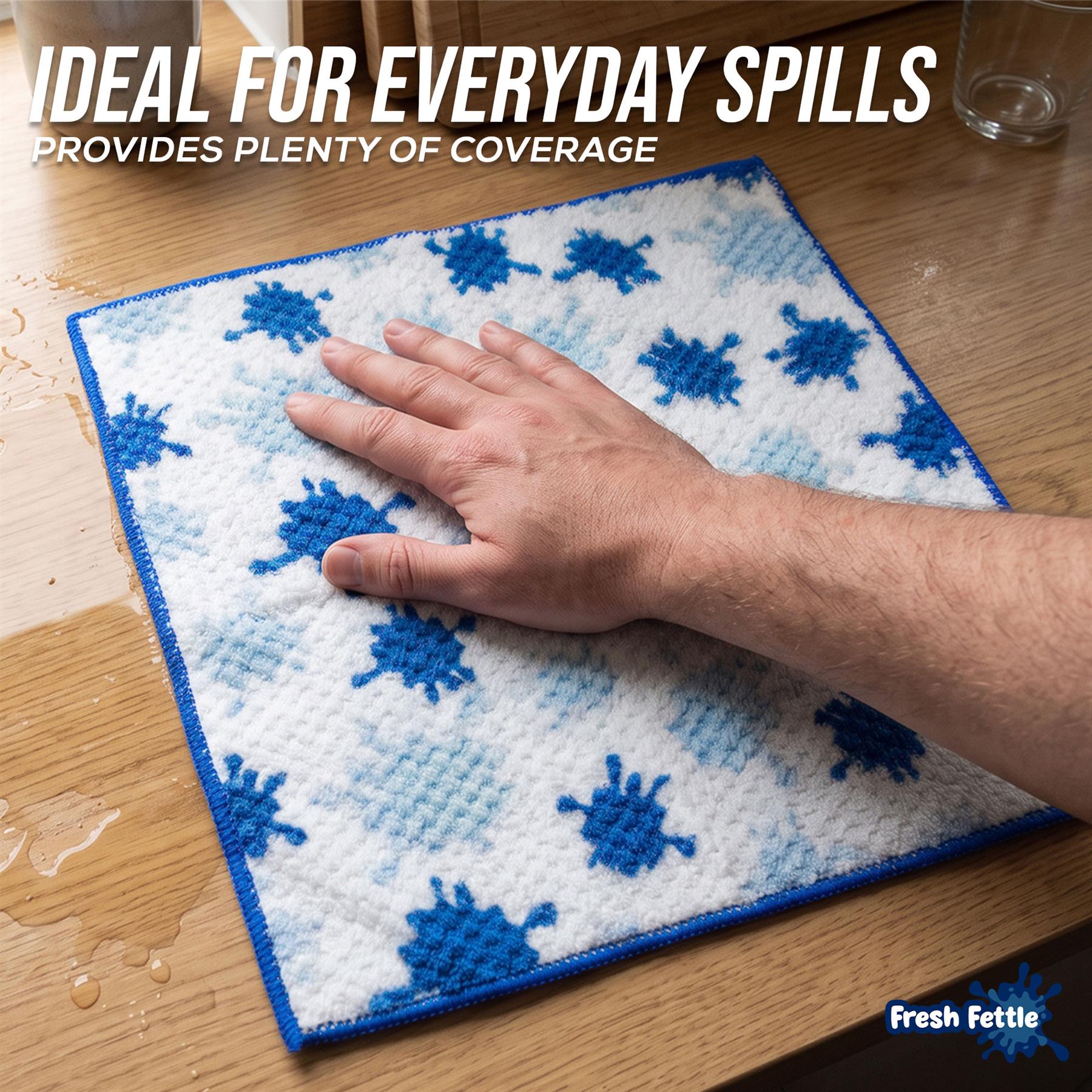 A fresh fettle microfibre splatter cloth with blue edges and blue splatter patterns, shown on a wooden table with a hand resting on it. Large text at the top reads 'IDEAL FOR EVERYDAY SPILLS PROVIDES PLENTY OF COVERAGE,' and the Fresh Fettle logo appears in the bottom right corner.