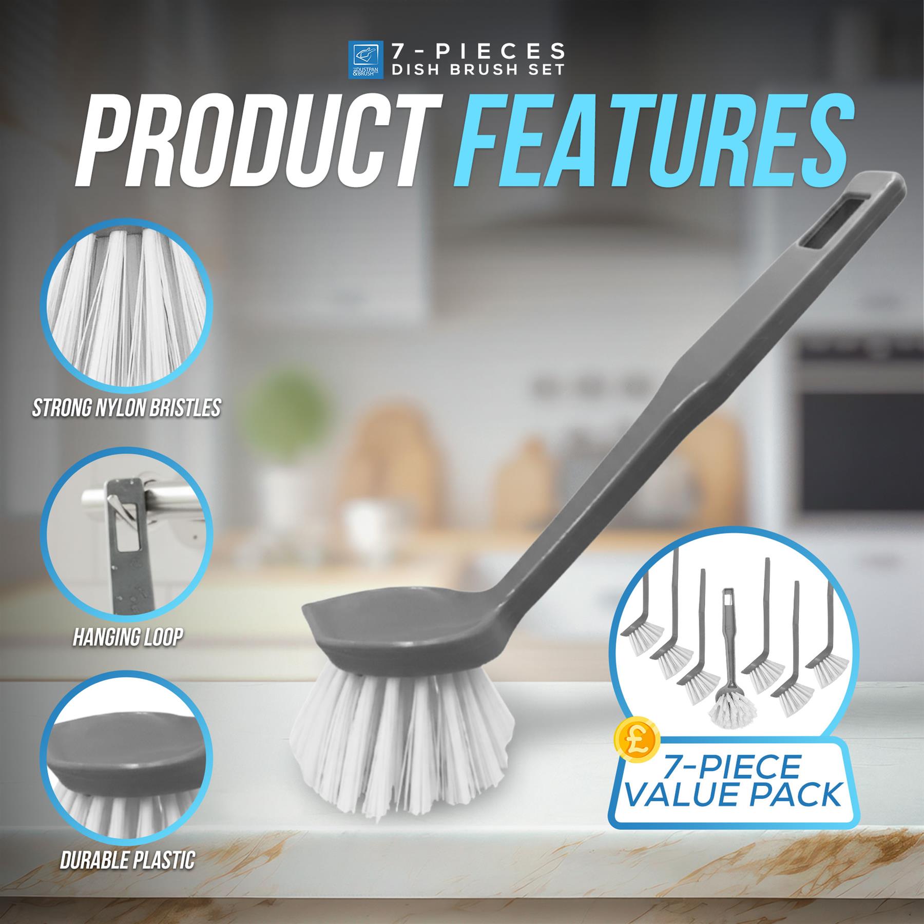 7-piece dish brush set with features highlighted on a kitchen background