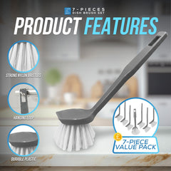 7-piece dish brush set with features highlighted on a kitchen background