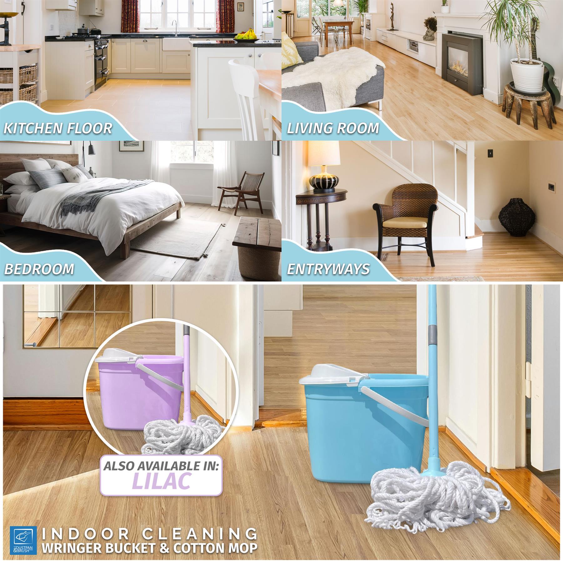 A collage showing a blue wringer bucket mop and white cloth mop in use inside a home, with labeled scenes for kitchen floor, living room, bedroom, and entryways. A circular inset shows the purple bucket option.