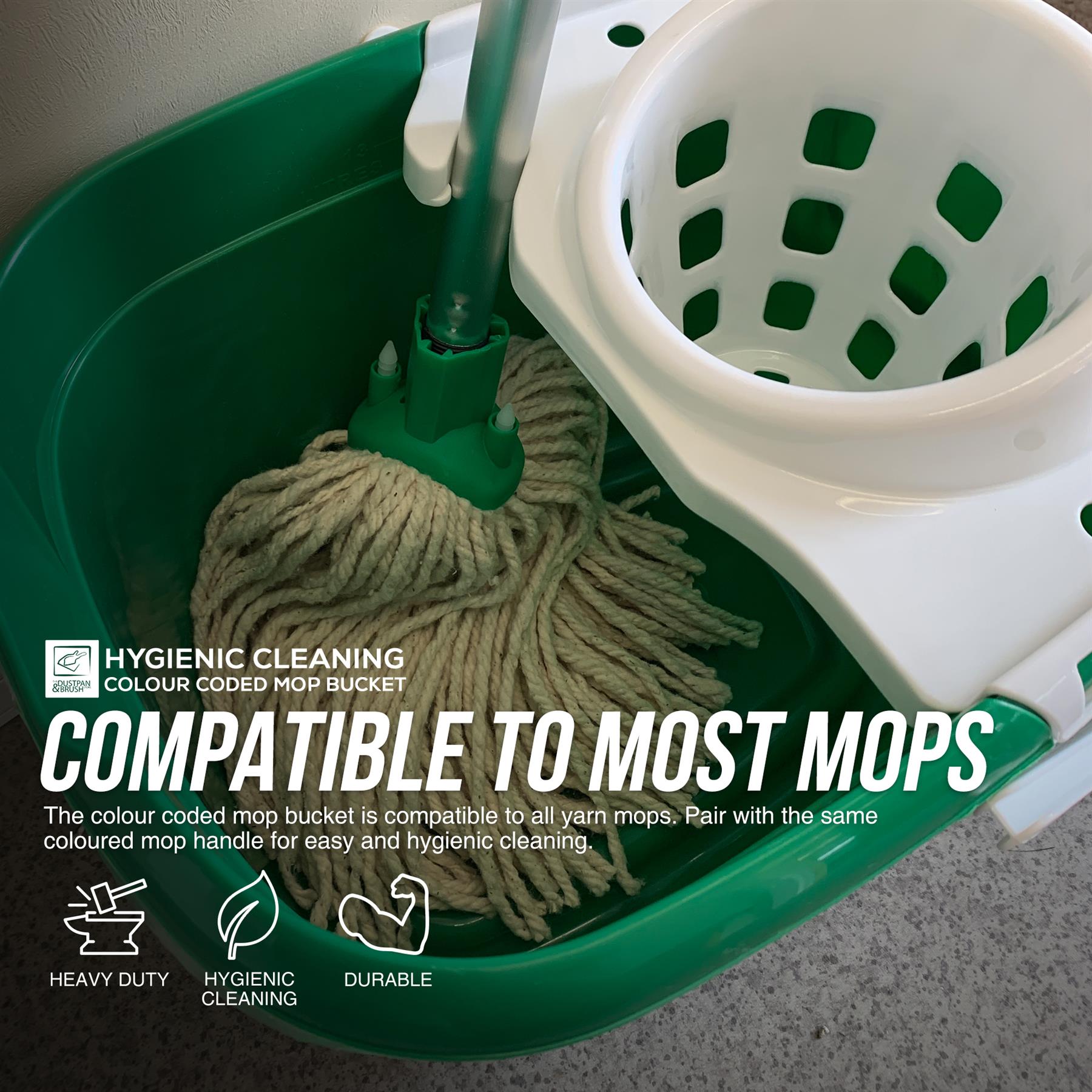 Green mop bucket with a mop and text about hygienic cleaning compatibility.