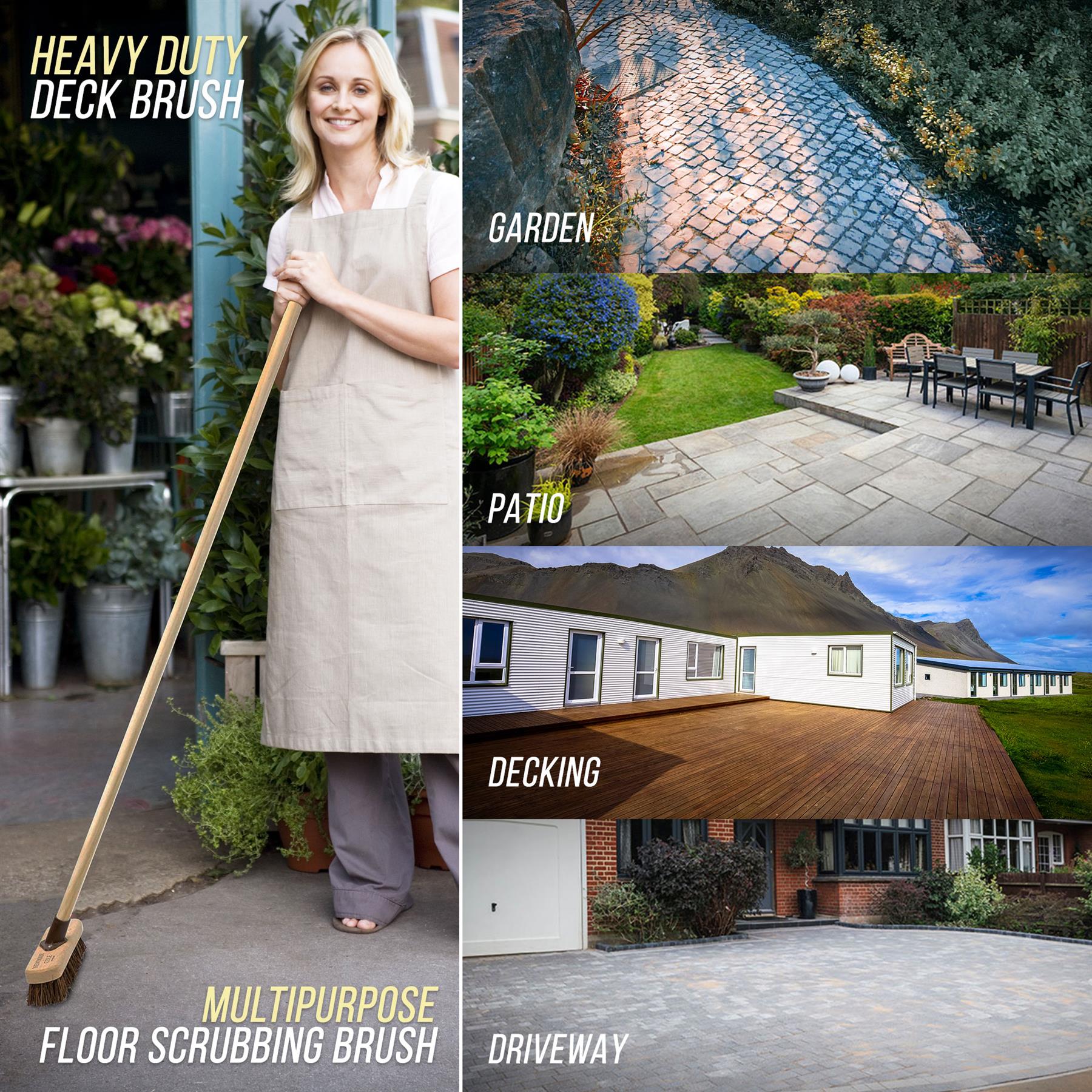 Woman holding a deck brush with images of garden, patio, and house exterior.