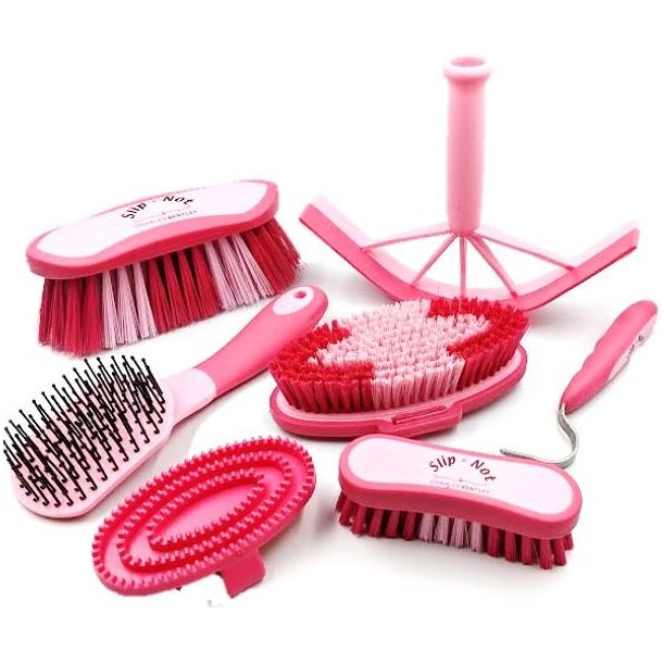 Charles Bentley Slip-Not Equestrian Horse Grooming Cleaning Brush Kit Pink Set