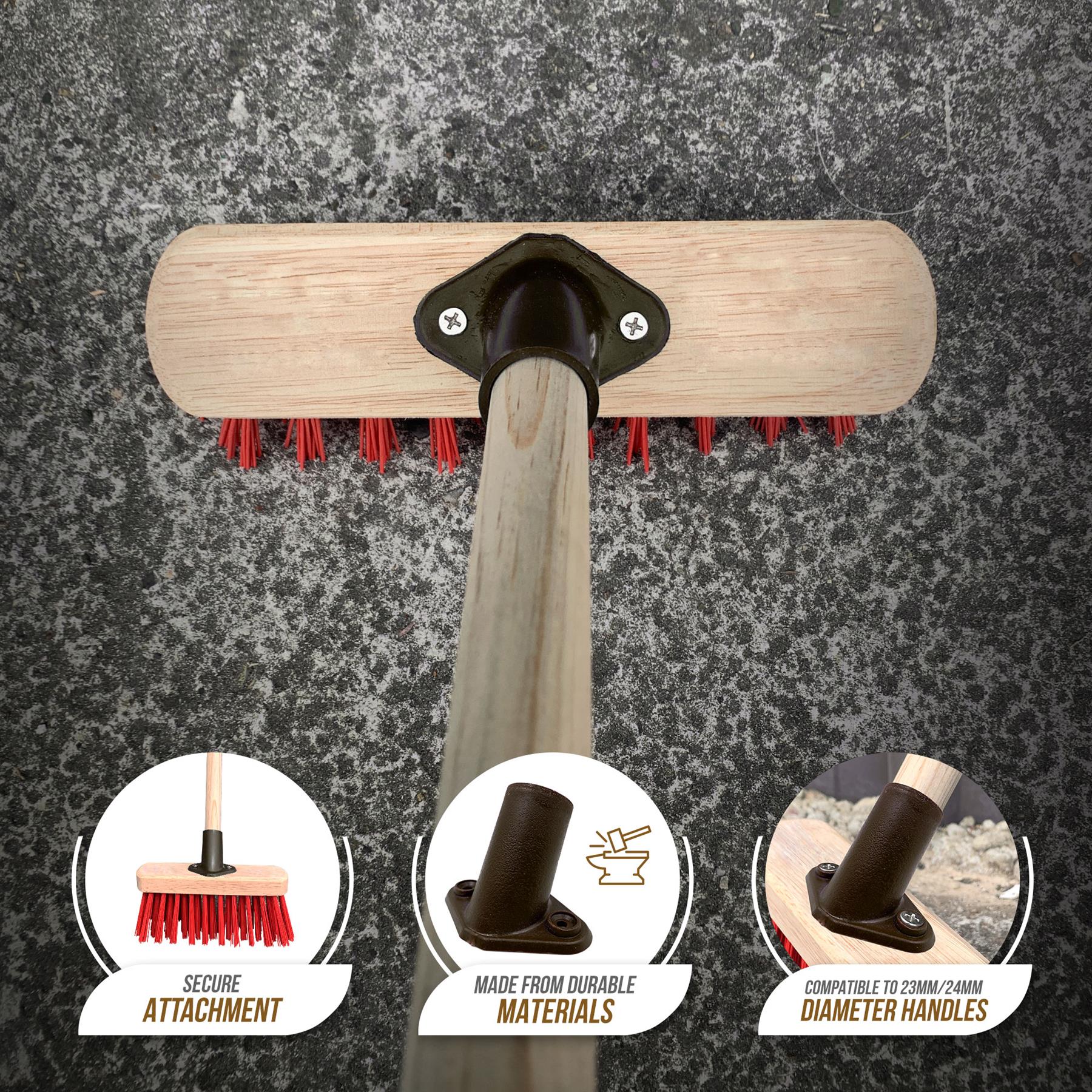 A long-handled floor brush with a light wood head, red bristles, and a dark central connector, shown against a dark textured background. Three circular inset callouts at the bottom highlight features: secure attachment, durable materials, and compatibility with 30mm/40mm diameter handles.