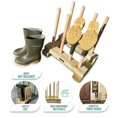 A wooden boot and shoe rack set shown on a white background, with olive green rain boots pictured beside it and text noting that the boots are not included. Three feature callouts below describe easy to use design, durable materials, and suitability for front doors.