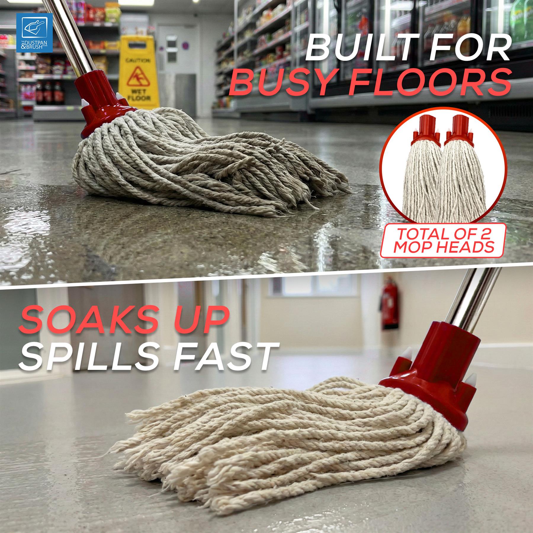A two-panel promotional image showing a cordless floor mop with gray cleaning fibers and a red plastic handle joint on a wet indoor floor. Text overlays read 'BUILT FOR BUSY FLOORS' and 'SOAKS UP SPILLS FAST,' with a circular inset showing two mop heads.
