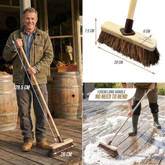 A collage showing a long-handled floor brush in use: a man stands on a wooden deck holding the handle, and another inset shows the brush head and dimensions labeled 7.5 cm, 6 cm, 26 cm, and 120 cm handle length.