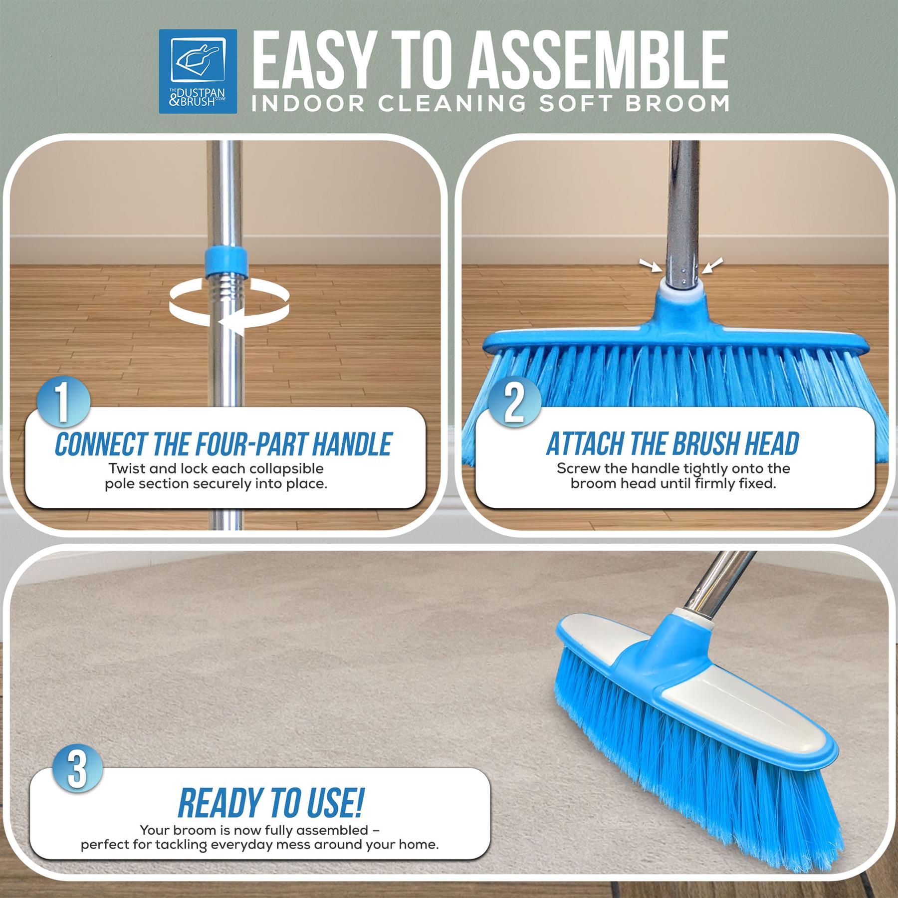 Blue & White Indoor Broom with 4 Piece Stainless Steel Handle - The Dustpan and Brush Store