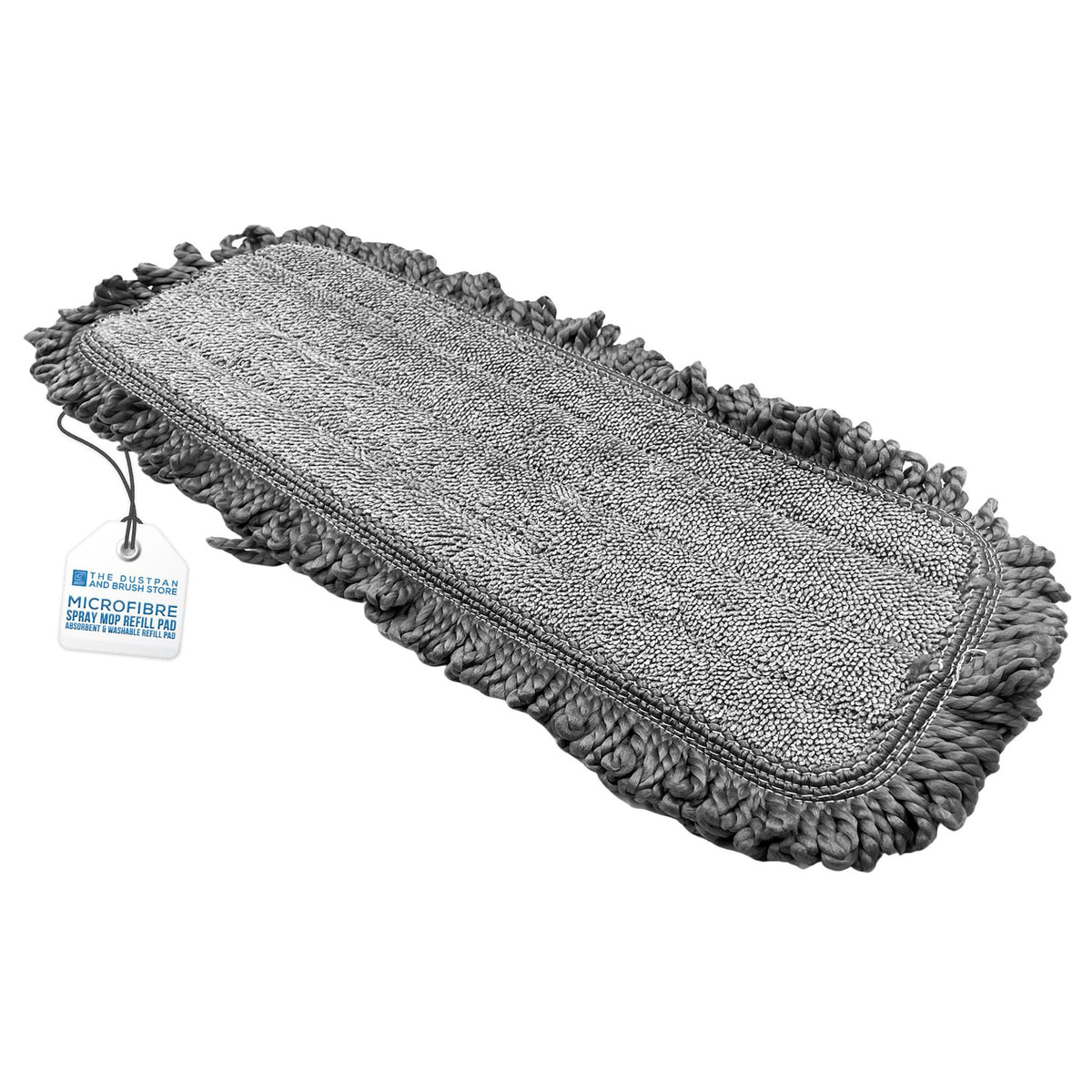 A grey microfiber cleaning pad with fringed edges, shown diagonally on a white background with a small product tag attached.
