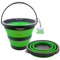 Collapsible green and gray bucket with a smaller bowl on a white background