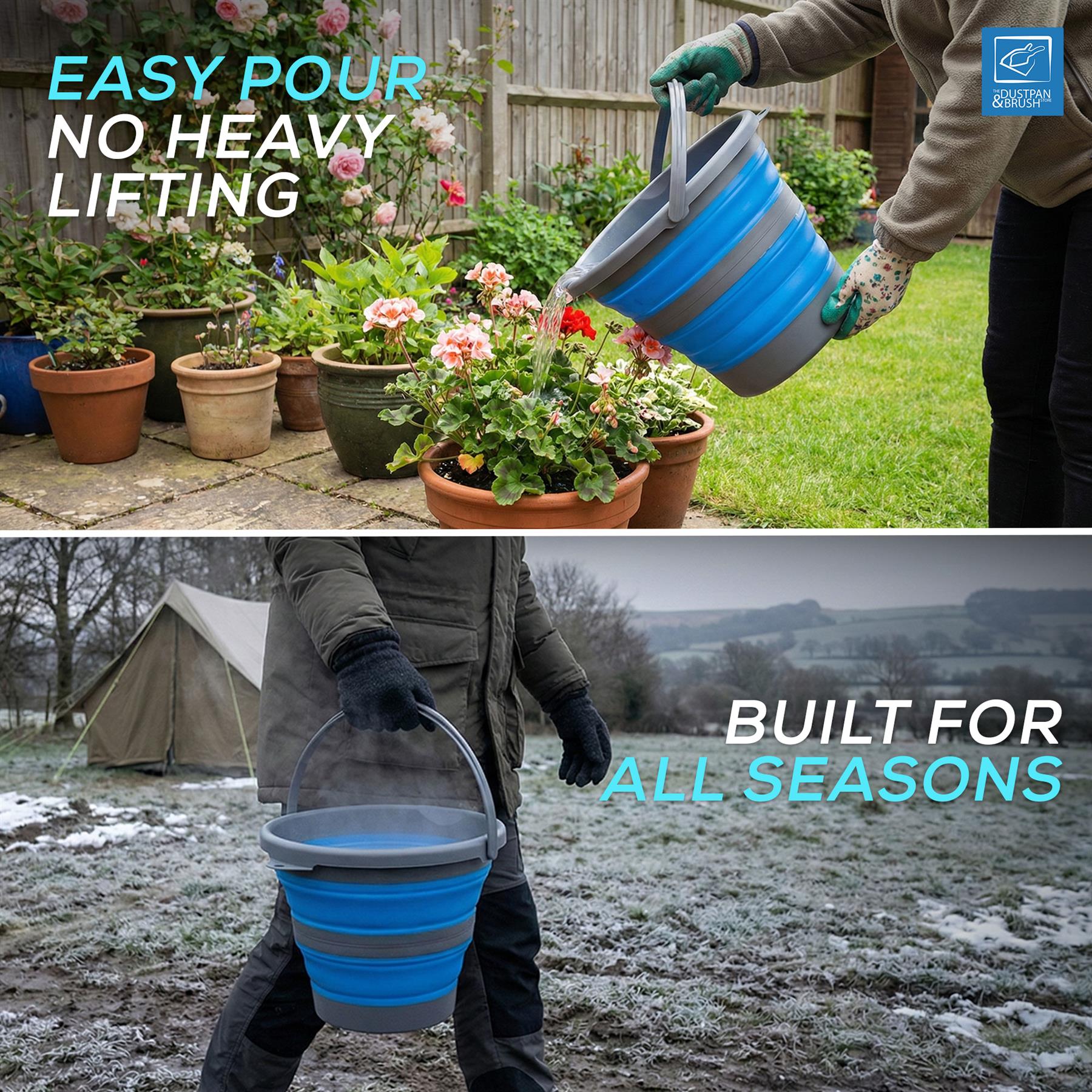 A split promotional image showing a blue and gray collapsible watering can bucket in use. The top half shows a person watering potted flowers in a garden, with text reading 'EASY POUR NO HEAVY LIFTING'.