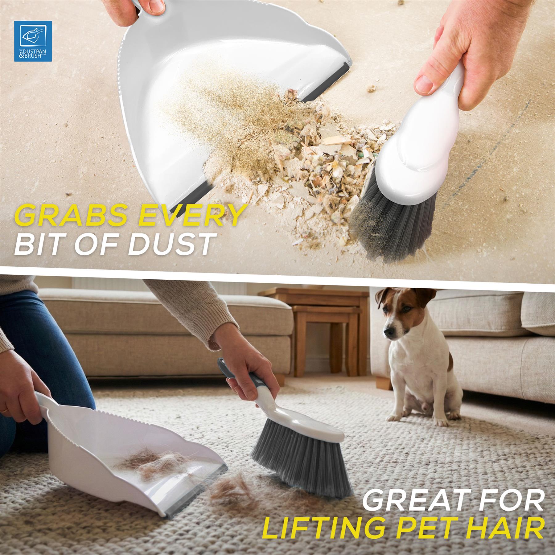 Environmental image of Deluxe Dustpan and Brush Set grabbing dust and lifting pet hair