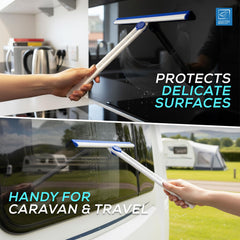 A two-panel promotional image showing a long-handled squeegee being used to clean a dark glass surface and a caravan window. A person's hands are visible holding the tool, and outdoor scenery with a caravan is visible in the lower panel.