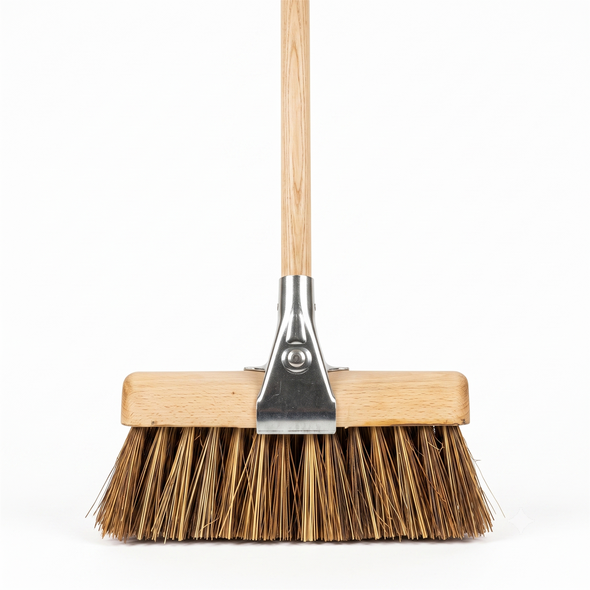 A traditional push broom with a light wood handle, a wooden head, and natural brown bass and cane bristles, featuring a silver metal connector.