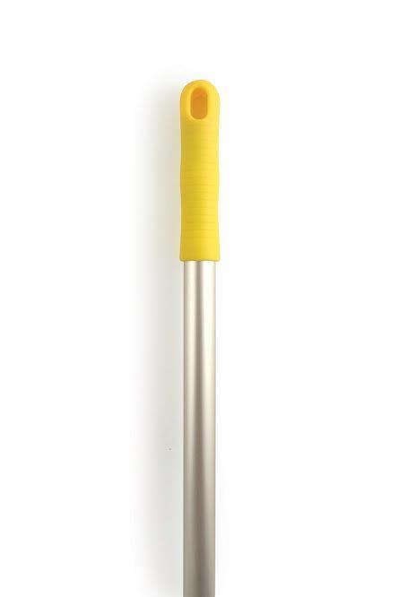 A close-up of a long-handled cleaning tool with a bright yellow textured grip and a silver metal shaft, isolated on a white background.