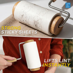 A lint roller shown in two promotional panels: one close-up of the roller with a dirty white sticky sheet and the text 'STRONG STICKY SHEETS,' and one person holding the roller over their chest with the text 'LIFTS LINT INSTANTLY.' The product has a white sticky sheet, light wood ends, and a silver metal handle.
