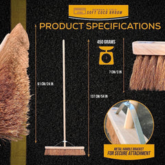 Product specifications graphic for a Herman & Co Soft Coco Broom, showing the broom dimensions (61 cm / 24 in and 137 cm / 54 in), weight (450 grams), and a circular inset explaining the metal handle bracket for secure attachment.