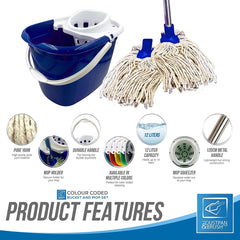 Blue Mop Bucket with 2 Cotton Mop Heads and 4 Piece Handle