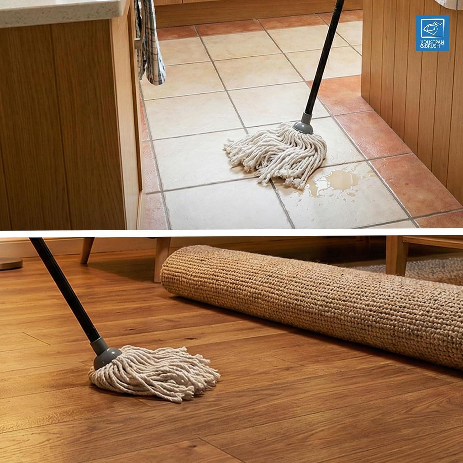 Traditional Cotton Floor Mop cleaning a tiled floor with a spill and then on a wooden laminate floor under a rug. 