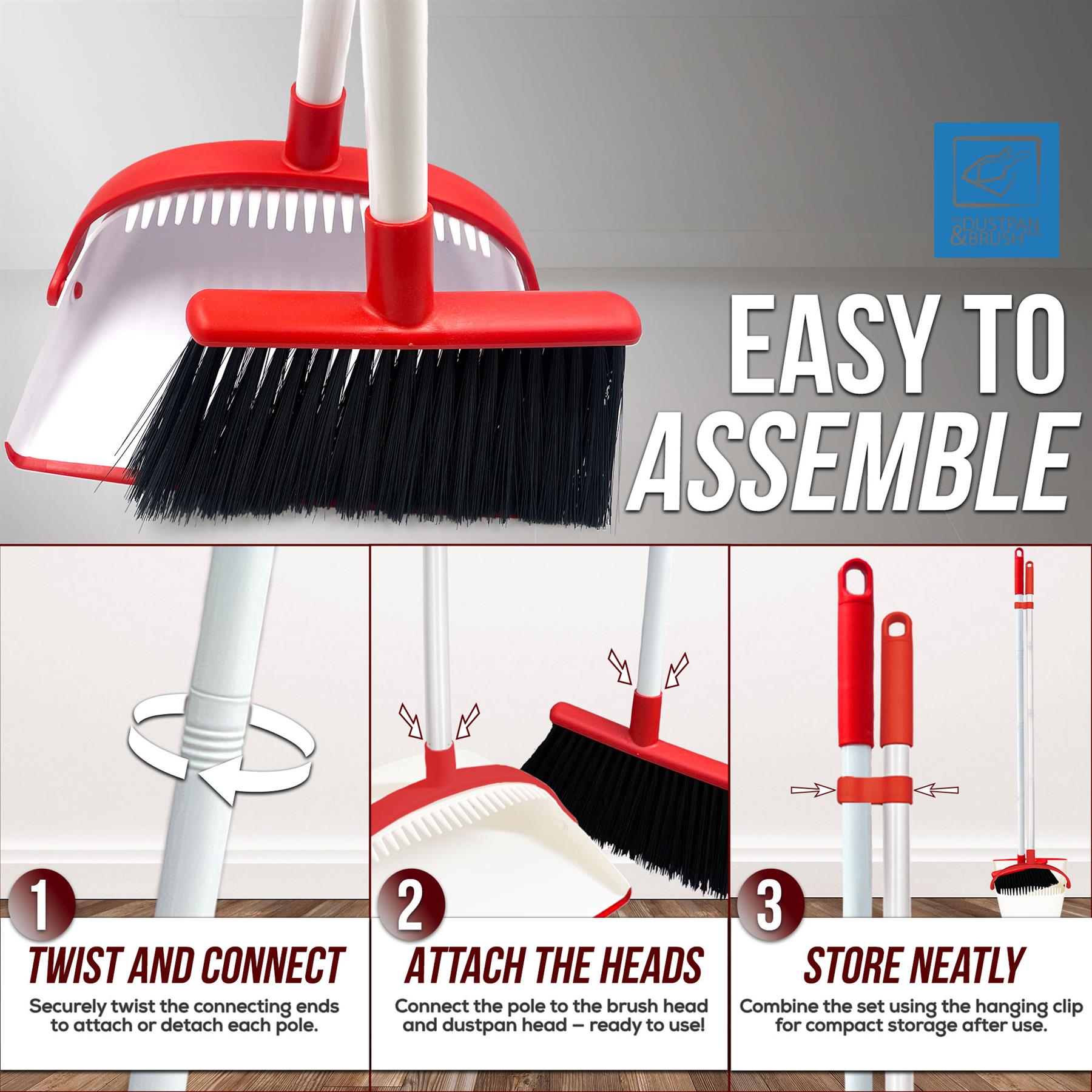 Easy to assemble White & Red Long Handled Dustpan and Brush Set - how to assemble 