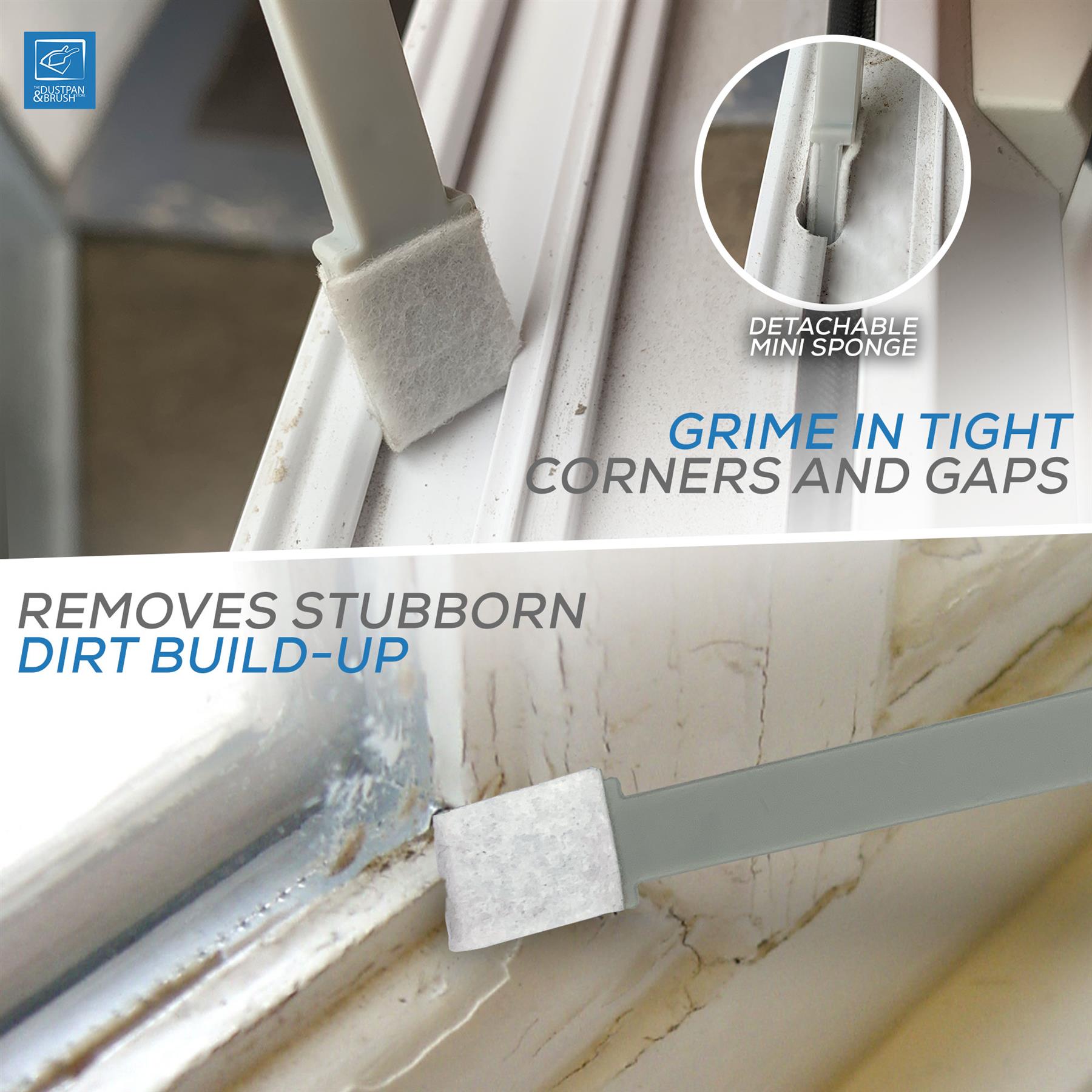4 in 1 Micro Dustpan and Brush Set cleaning dirt and grime from window conrners 