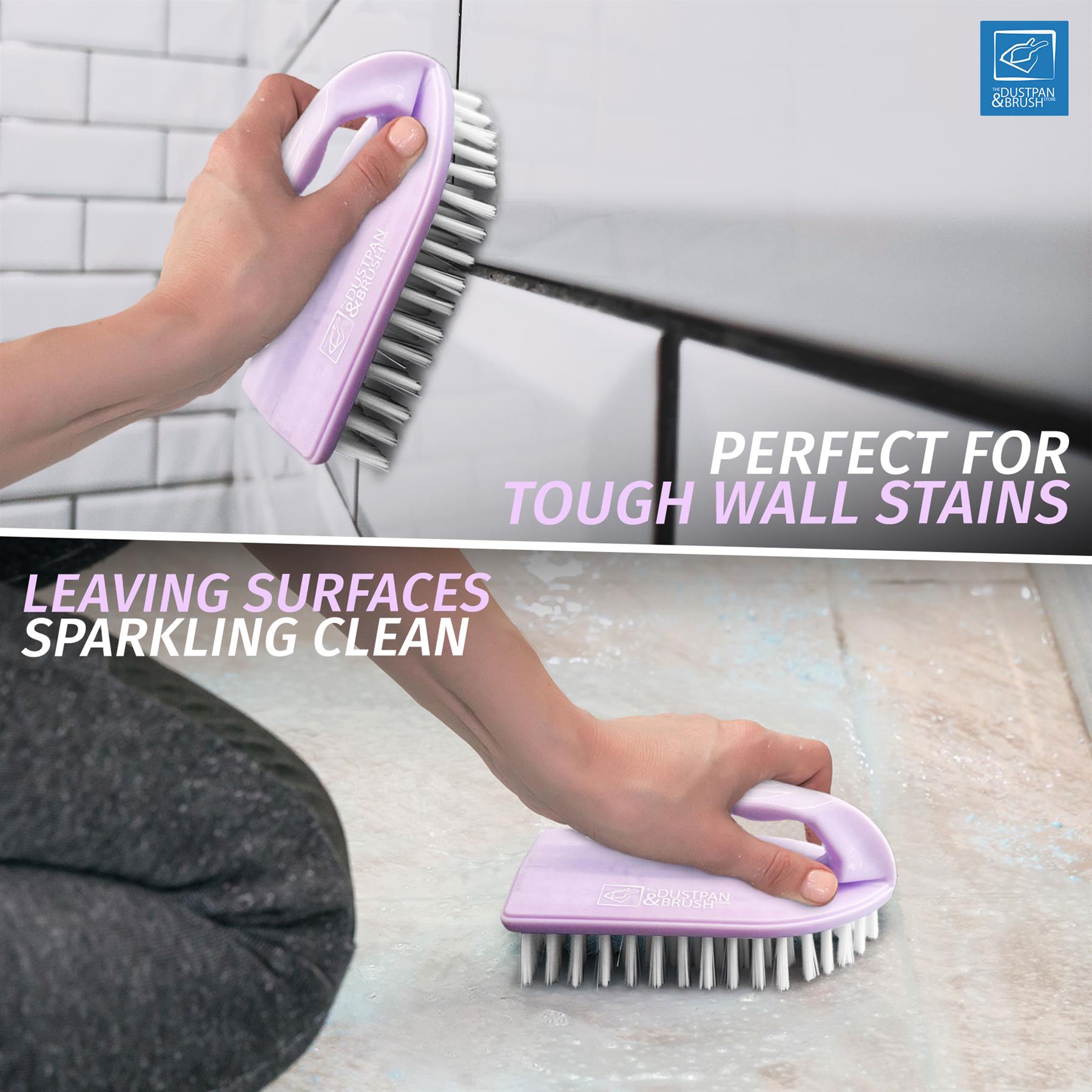 Lilac cleaning brush being used on a wall and floor with text indicating its effectiveness.