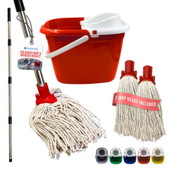 A mop and wringer bucket set on a white background, including a long black-and-silver mop with white cord, a red-and-white bucket, two mop heads, and small color-option icons along the bottom.