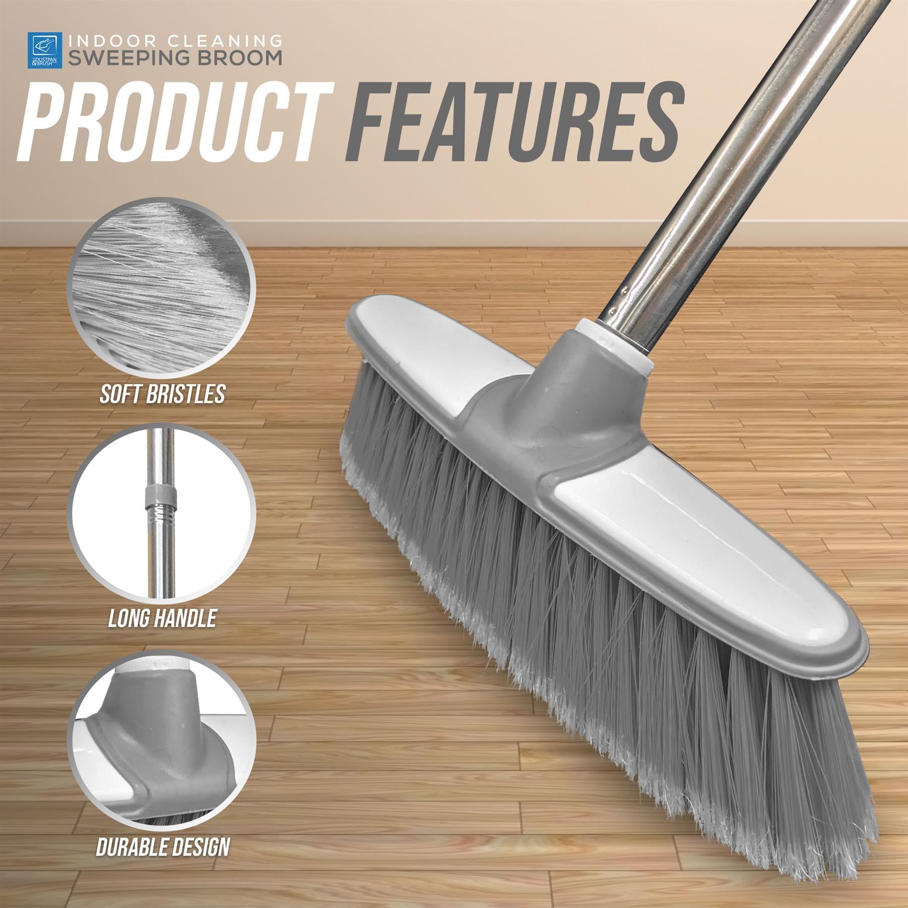Grey & White Indoor Broom with 4 Piece Handle - The Dustpan and Brush Store