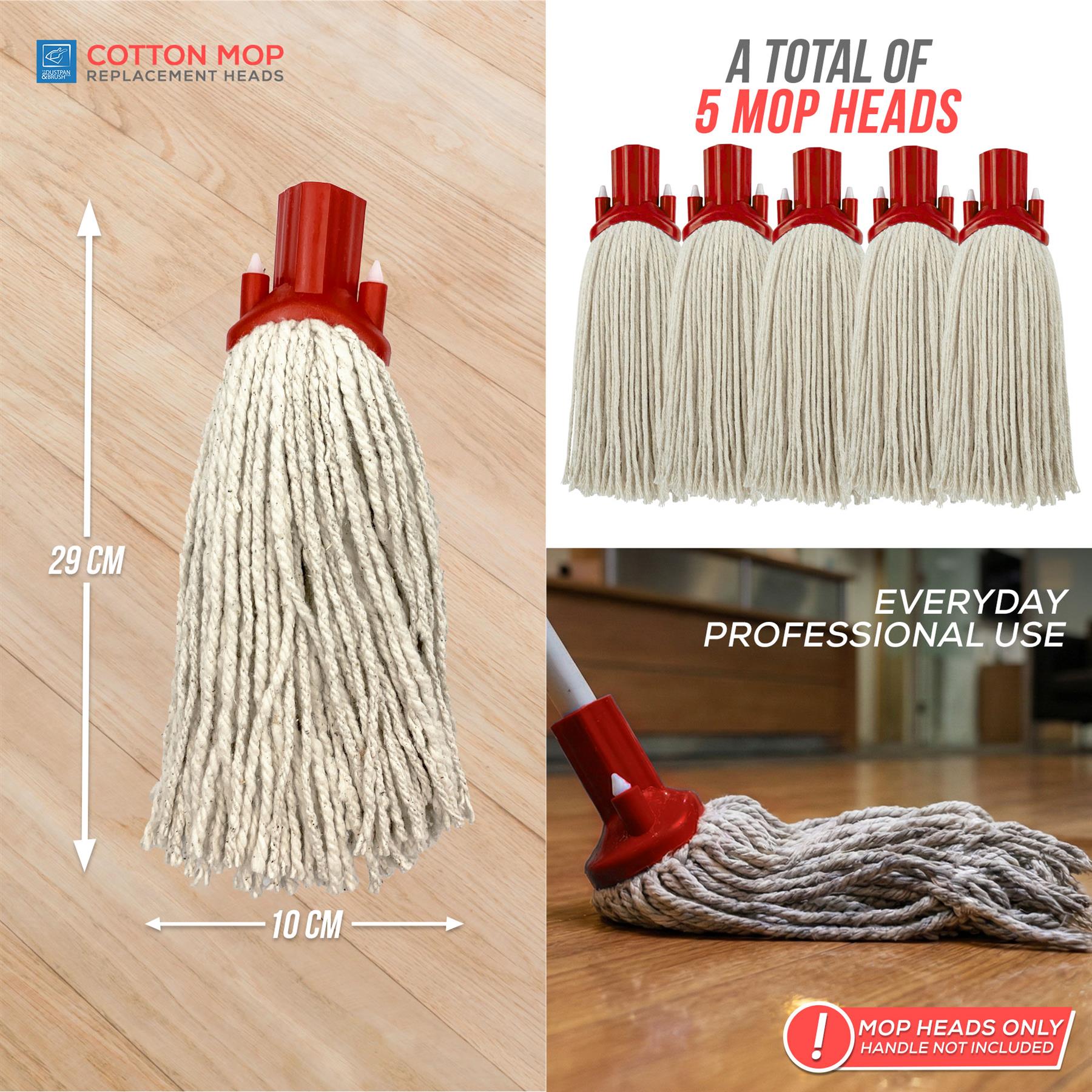 A collage showing cotton mop replacement heads, including a single mop head with dimension arrows labeled 29 cm by 10 cm, five mop heads at the top, and a mop head on a wooden floor with text reading 'EVERYDAY PROFESSIONAL USE' and 'MOP HEADS ONLY HANDLE NOT INCLUDED.'.