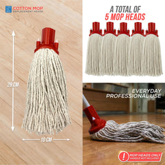 A collage showing cotton mop replacement heads, including a single mop head with dimension arrows labeled 29 cm by 10 cm, five mop heads at the top, and a mop head on a wooden floor with text reading 'EVERYDAY PROFESSIONAL USE' and 'MOP HEADS ONLY HANDLE NOT INCLUDED.'.