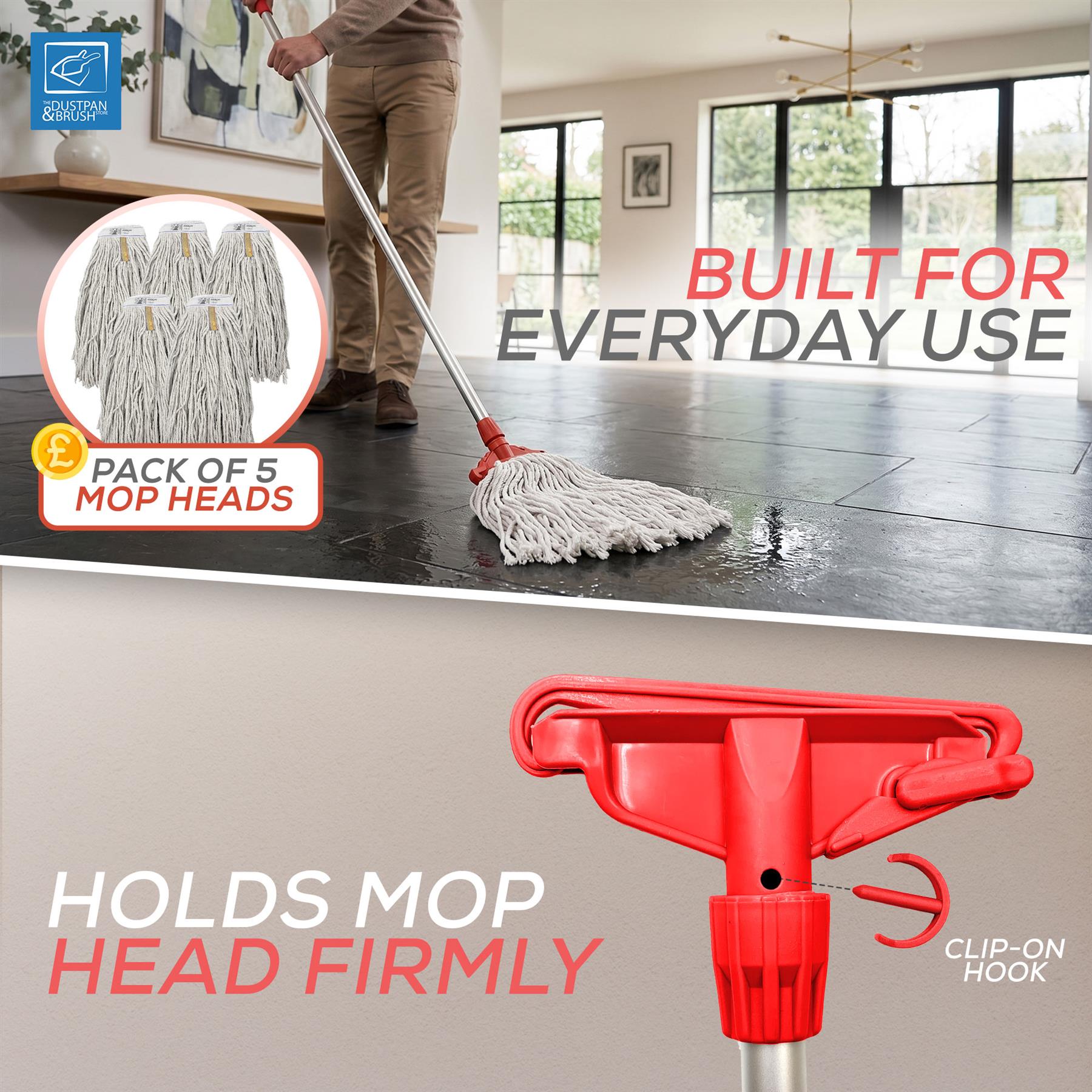 Mop cleaning a floor with a close-up of mop heads and text about everyday use and mop head pack.