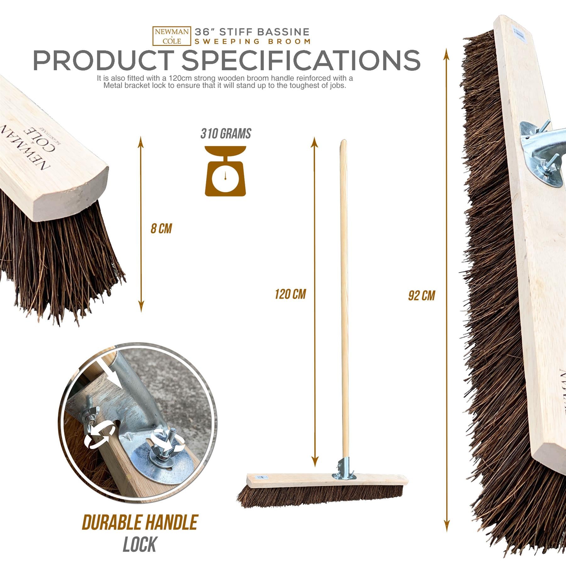 36" Stiff Bassine Broom with Bracket and Handle | Newman & Cole - The Dustpan and Brush Store