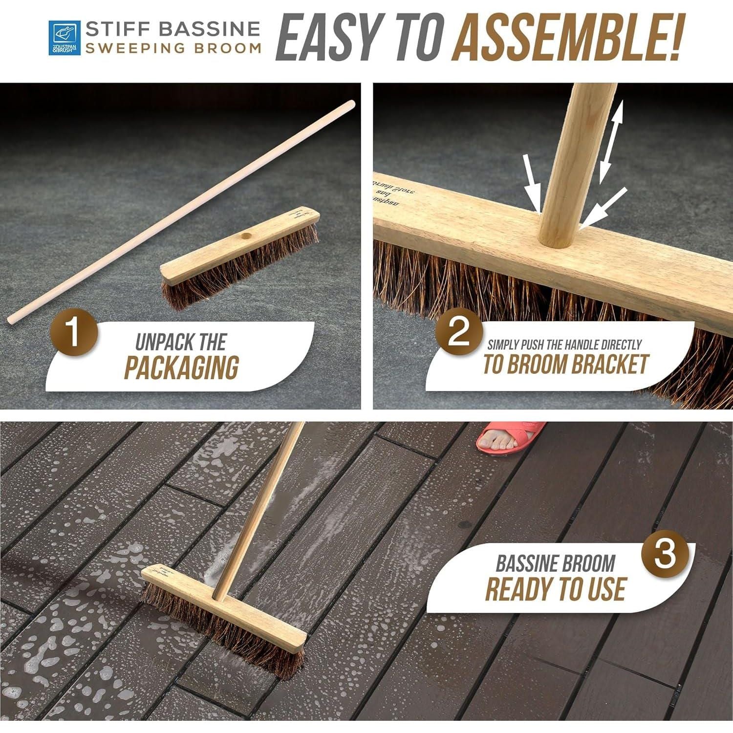 18" Stiff Natural Bassine Broom Head with Strong Wooden Brush Handle