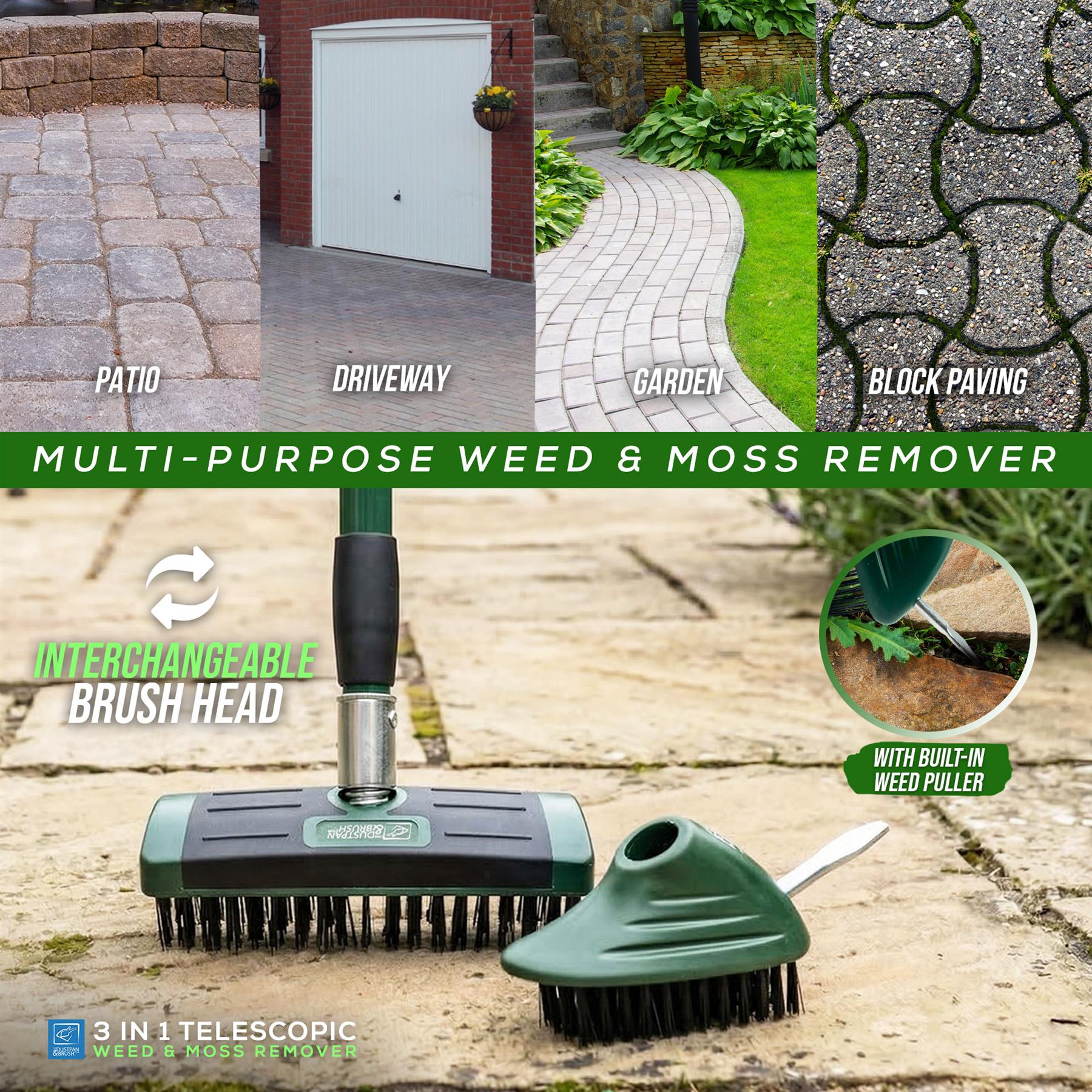 Multi-purpose weed and moss remover with interchangeable brush heads on a garden background.