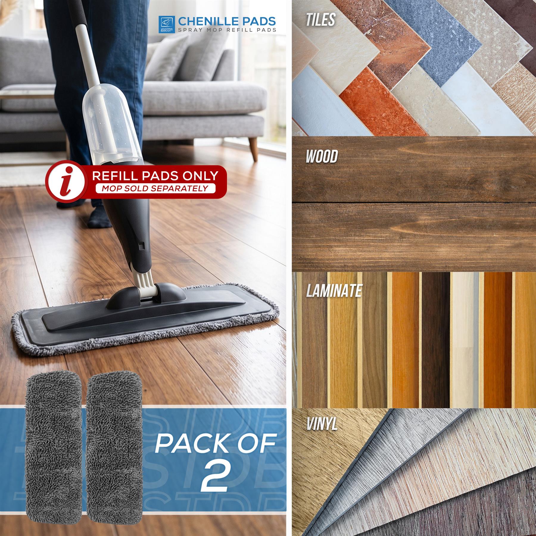 Spray Mop Chenille Replacement Pads Pack of 2