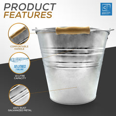 10 Litre Galvanised Steel Metal Bucket with Wooden Handle