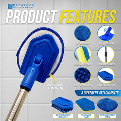 Bathroom tile cleaning kit with features highlighted on a tiled background