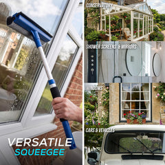 Versatile squeegee being used on a window with images of conservatories, shower screens, windows, cars, and vehicles.