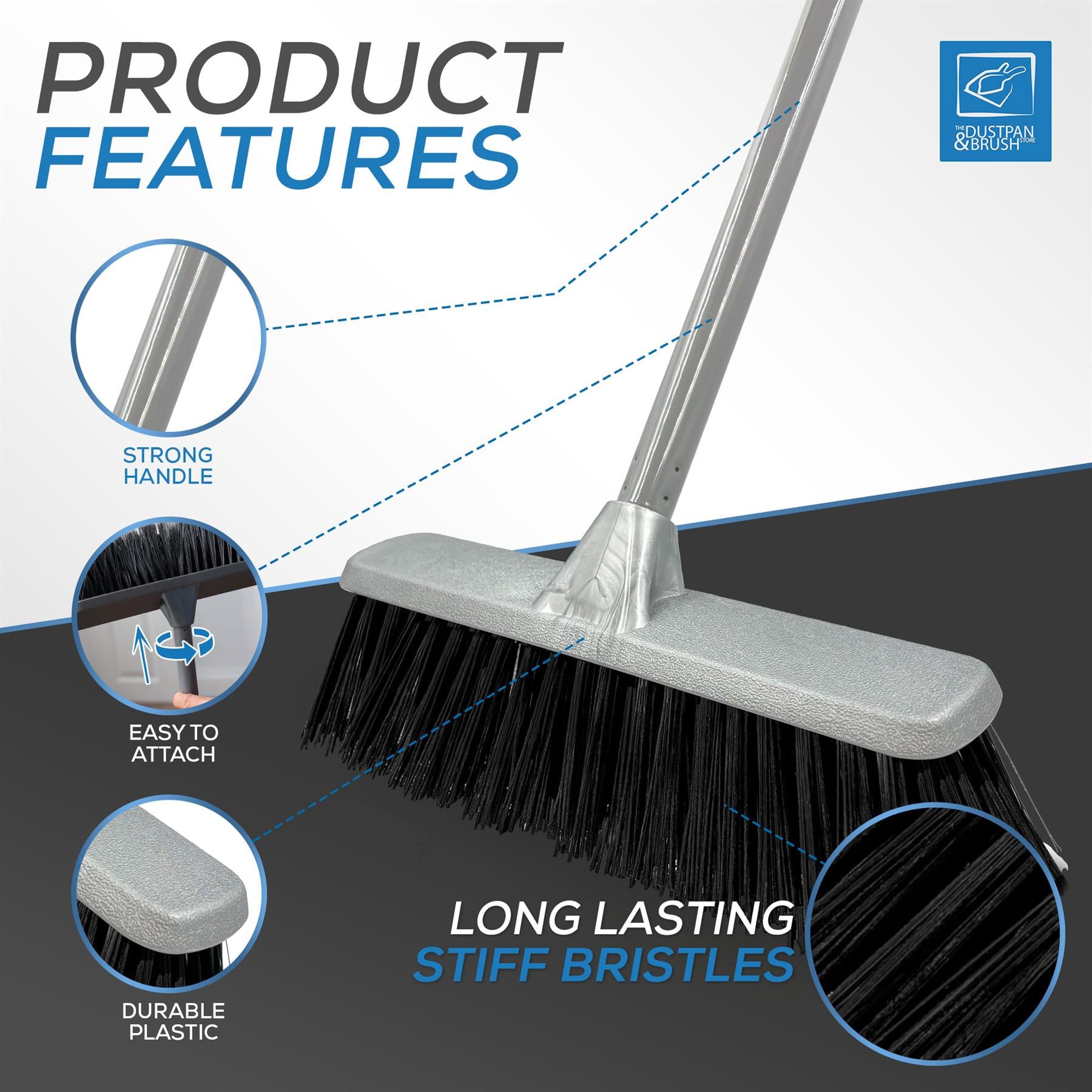Silver Indoor Stiff Sweeping Brush Head and Handle Kitchen Broom Floor Sweeper - The Dustpan and Brush Store