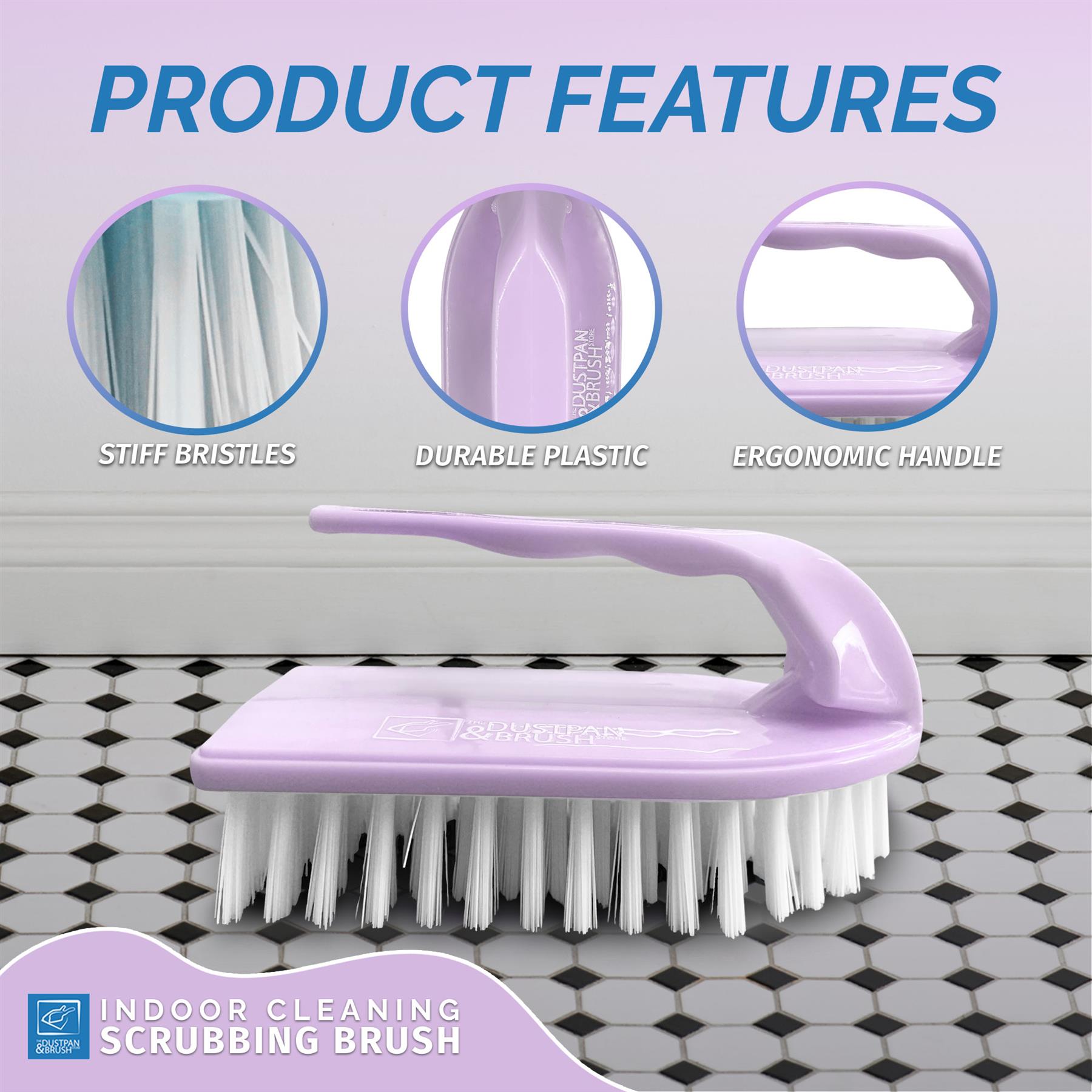 Lilac Iron scrubbing brush with product features highlighted on a tiled floor background