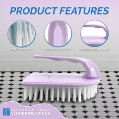 Lilac Iron scrubbing brush with product features highlighted on a tiled floor background