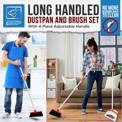 Environmental shots of a man cleaning his kitchen and a woman cleaning her living room using the White & Red Long Handled Dustpan and Brush Set - showing off the long handle that means no more bending over to clean