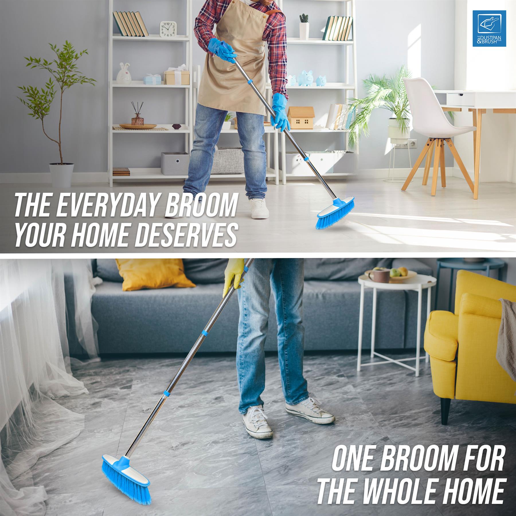 Blue & White Indoor Broom with 4 Piece Stainless Steel Handle - The Dustpan and Brush Store
